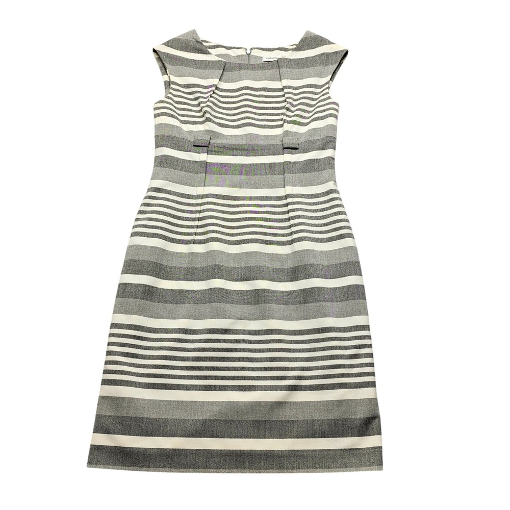 Calvin Klein Grey White Striped Sleeveless Sheath Career‎ Dress Size 6